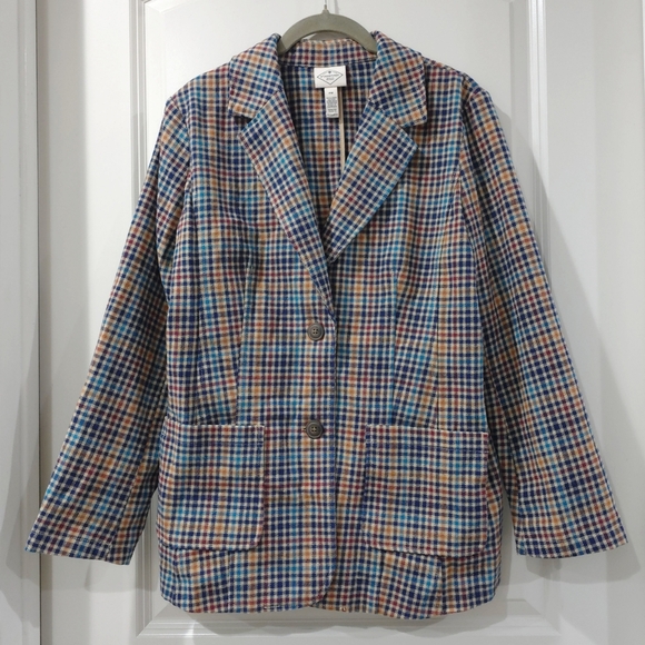 ST JOHNS BAY Women's Brown Multicolor Plaid 100% Cotton Blazer, Single Breast PM - Picture 15 of 15